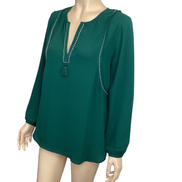 J Crew green Tassel‎ Trim popover blouse size 2 - Picture 2 of 7